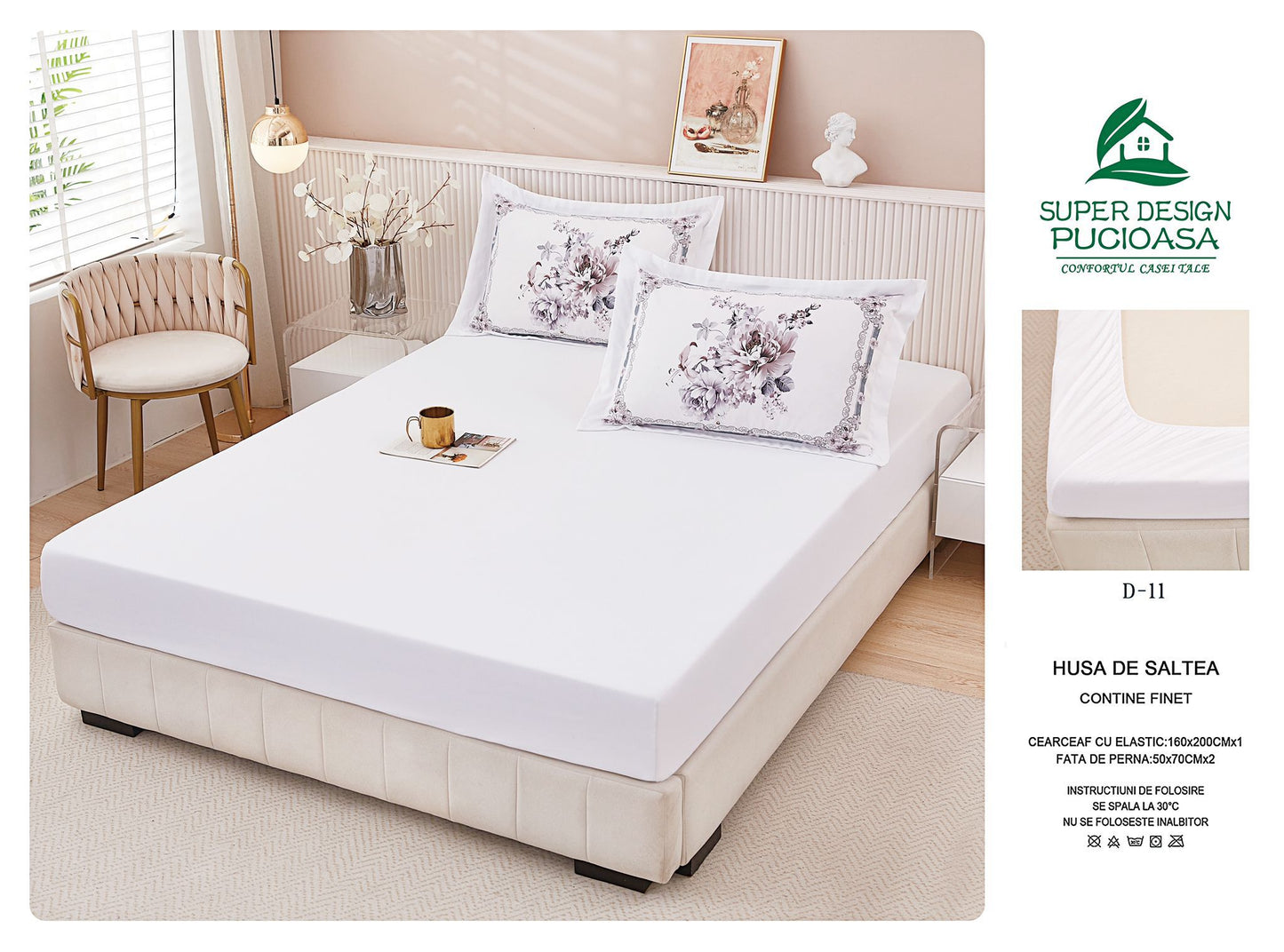 Husa de Pat cu Elastic, din Finet, 160x200cm+2 Fete de Perna, Alb-V10462