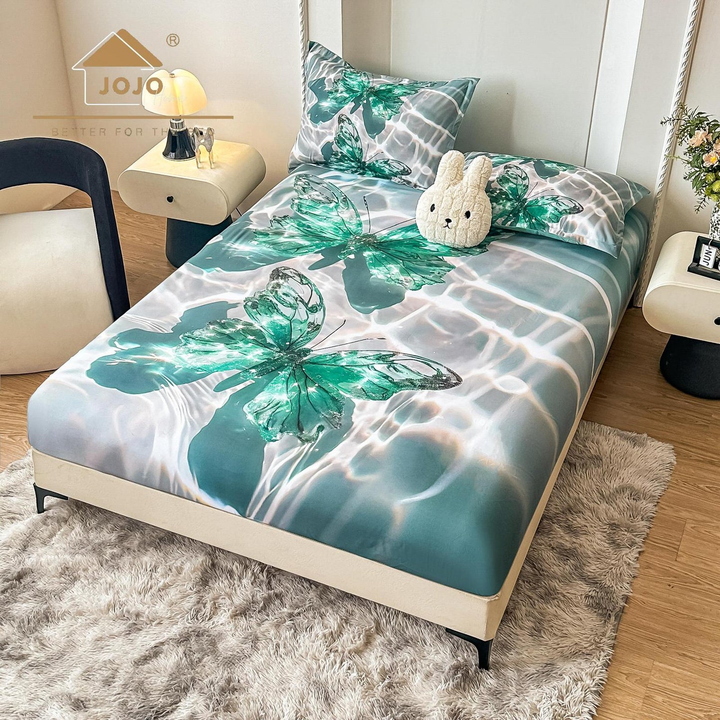 Husa de Pat cu Elastic, din Finet, 160x200cm+2 Fete de Perna, Imprimeu Digital, Fluturasi-C10183