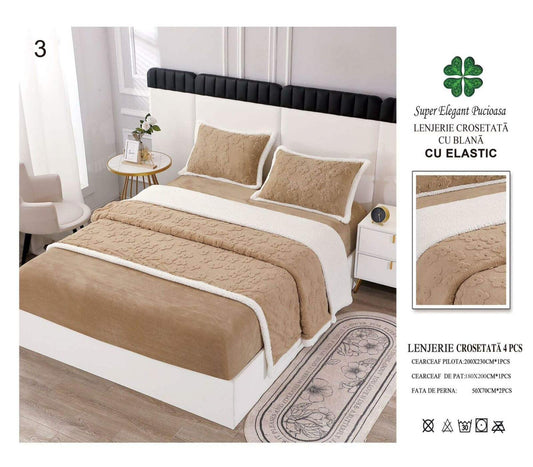 Lenjerie Crosetata Tip Tricotaj, cu Blanita, 4 Piese, cu Elastic, Bej-P9113