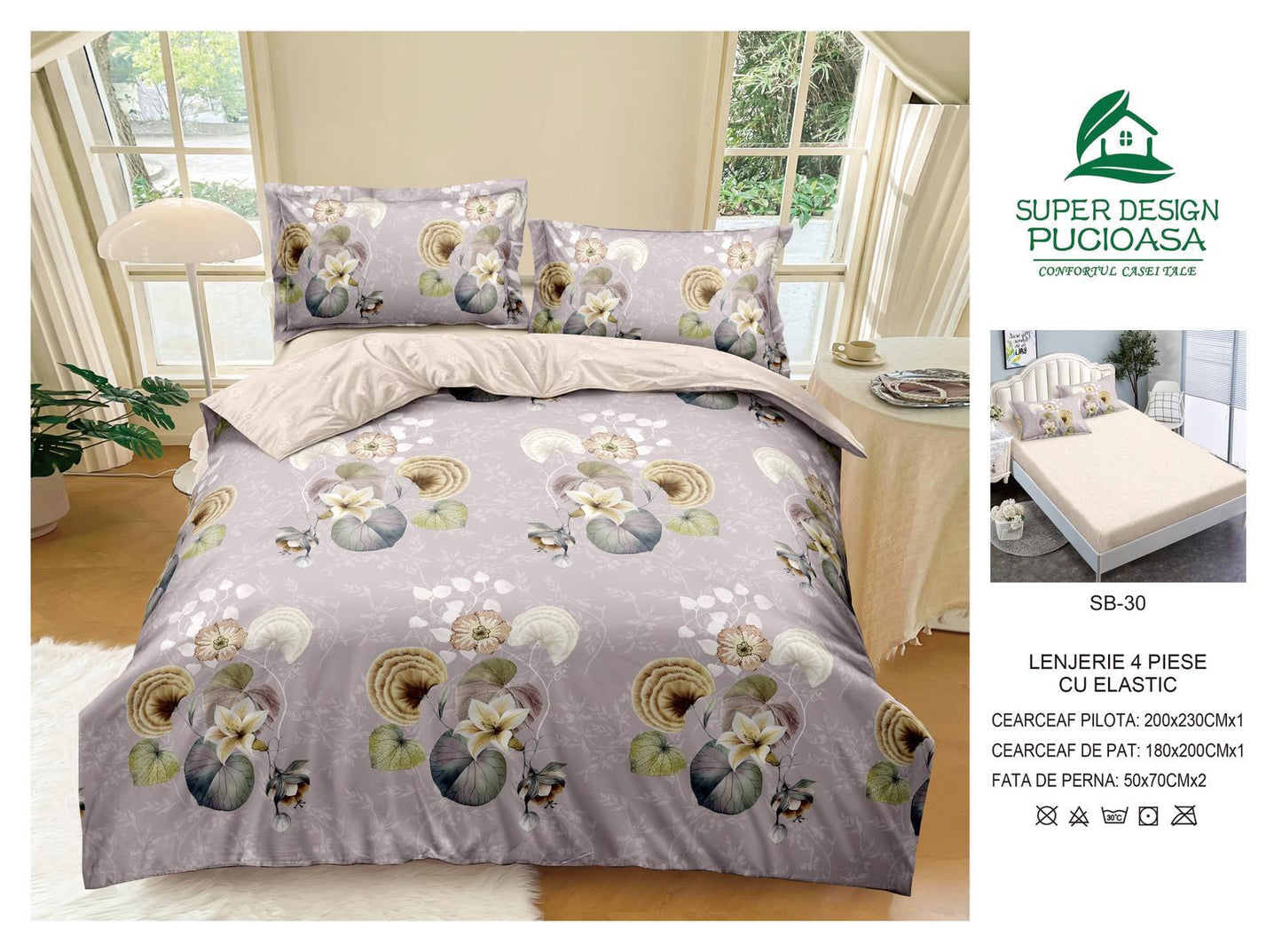 Lenjerie Pat Dublu cu Elastic din Bumbac Satinat Superior cu 4 Piese, Lotus Serenity-V8733
