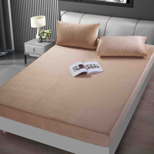 Husa de Pat cu Elastic+2 fete de perna, din Catifea, 180x200cm, Bej-C5615