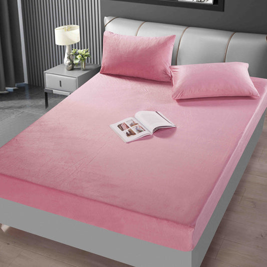 Husa de Pat cu Elastic+2 fete de perna, din Catifea, 180x200cm, Roz-C5616