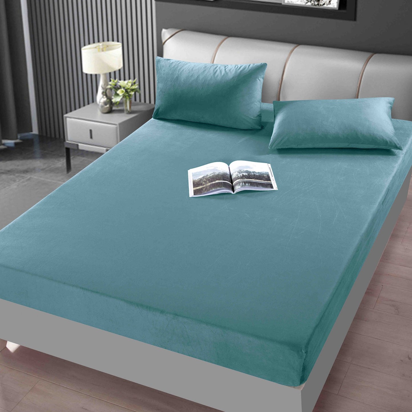 Husa de Pat cu Elastic+2 fete de perna, din Catifea, 180x200cm, Turcoaz-C5623
