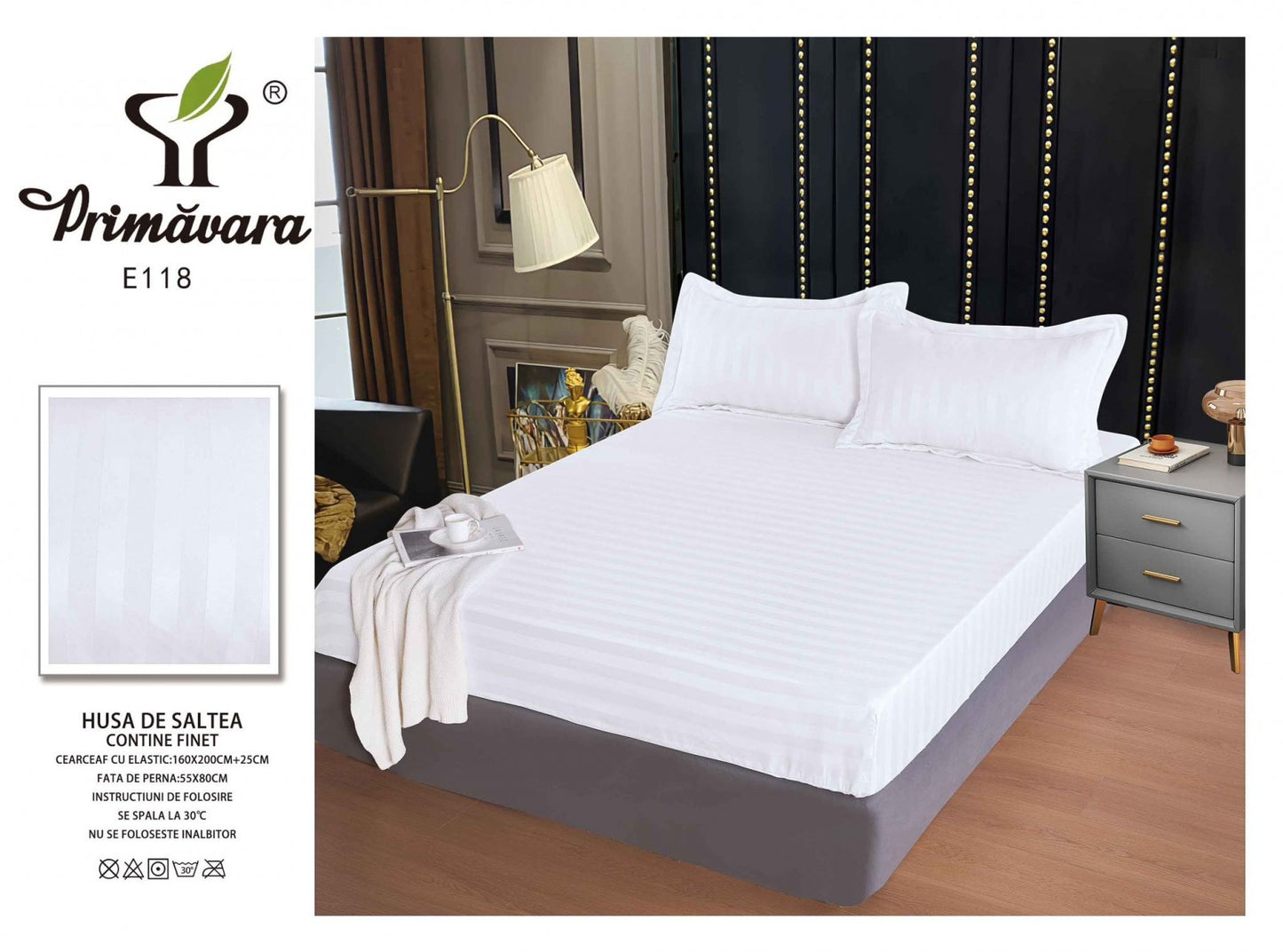 Husa de Pat cu Elastic din Damasc Finetat, 160x200cm+2 Fete de Perna, Alb-P6766