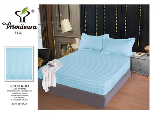 Husa de Pat cu Elastic din Damasc Finetat, 160x200cm+2 Fete de Perna, Bleu-P7842