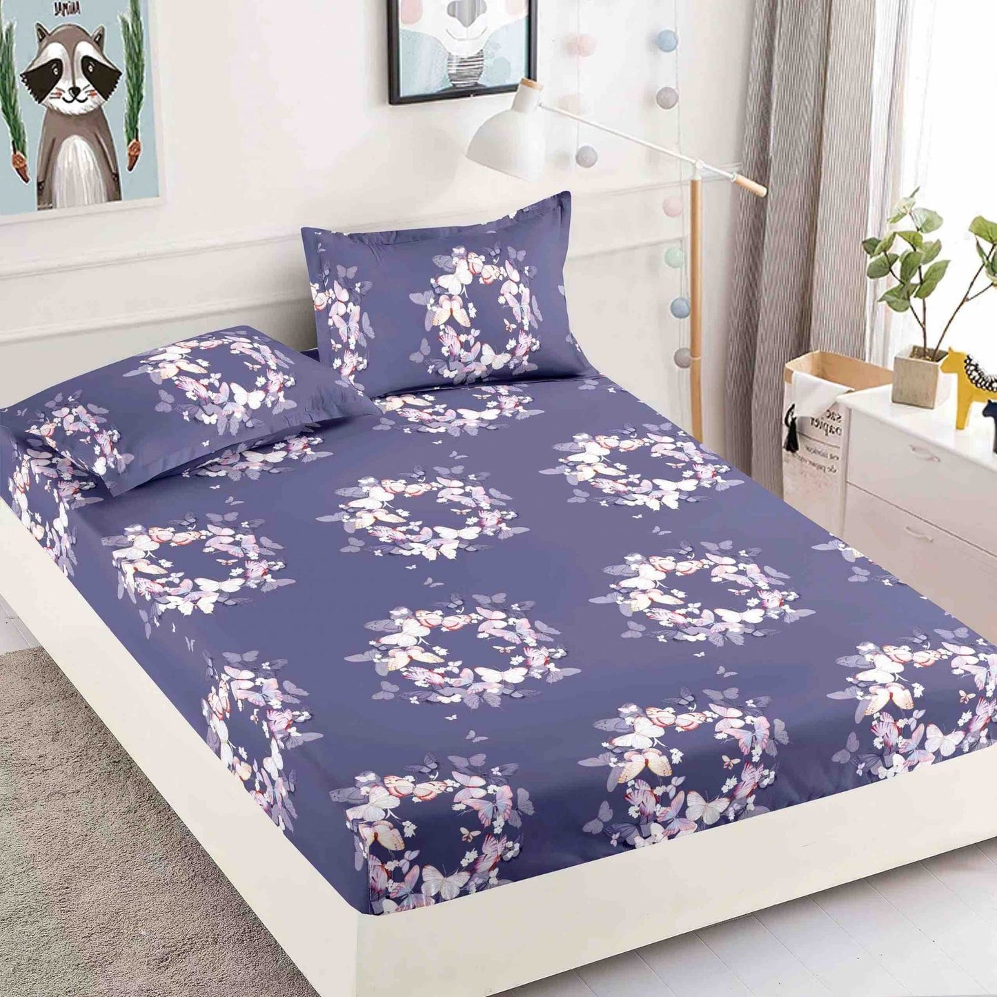 Husa de Pat cu Elastic, Din Finet, 180x200cm+2 fete de perna, Fluturasi-C7538