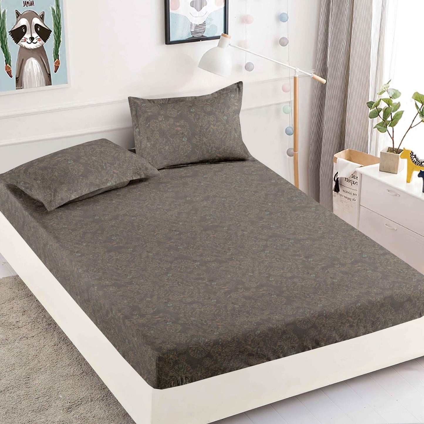 Husa de Pat cu Elastic, Din Finet, 180x200cm+2 fete de perna, Maro-C6376