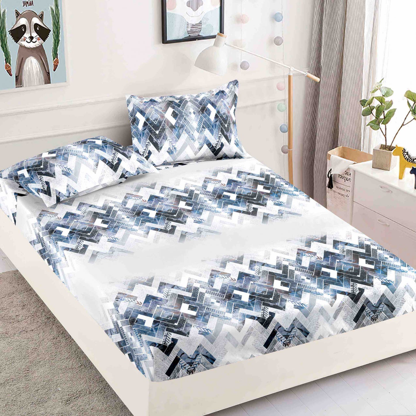 Husa de Pat cu Elastic, Din Finet, 180x200cm+2 fete de perna, Alb/Albastru-C6489