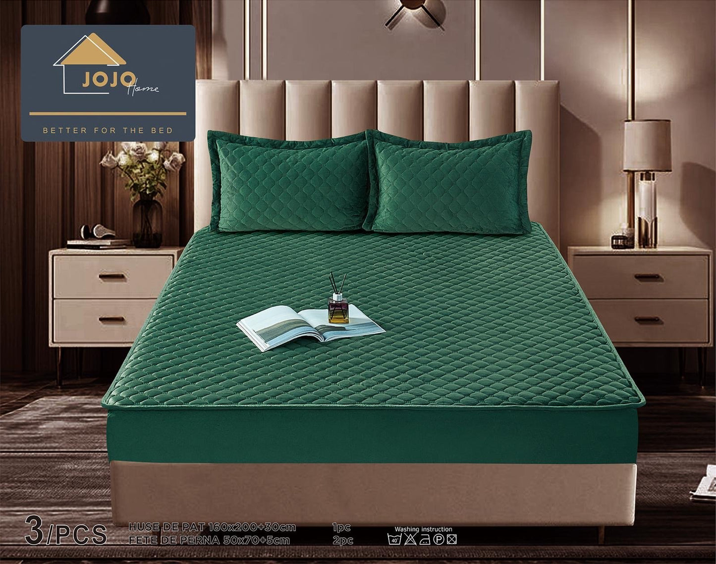 Husa matlasata tip topper din catifea, 160x200cm+2 fete de perna 50x70cm, Verde