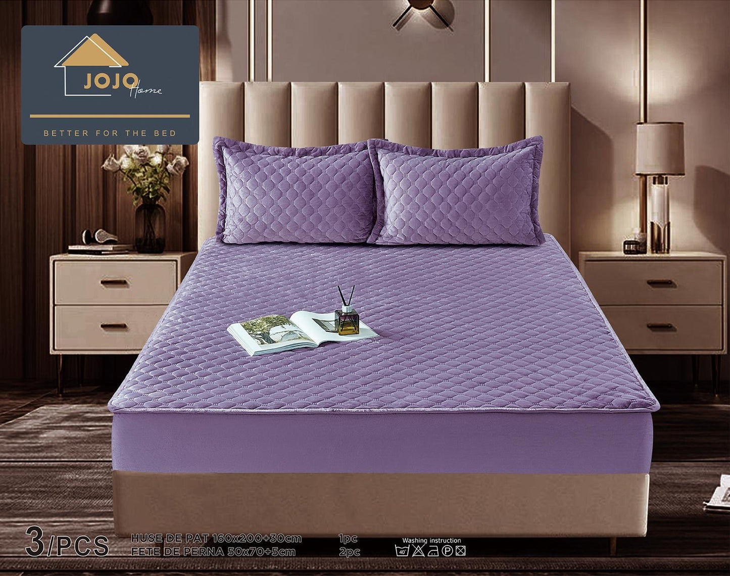 Husa matlasata tip topper din catifea, 160x200cm+2 fete de perna 50x70cm, Mov