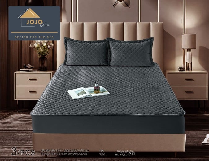 Husa matlasata tip topper din catifea, 180x200cm+2 fete de perna 50x70cm, Gri Inchis