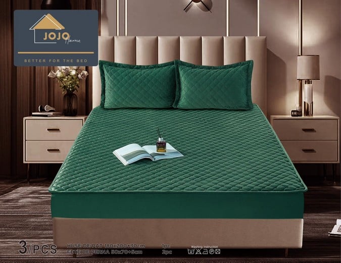 Husa matlasata tip topper din catifea, 180x200cm+2 fete de perna 50x70cm, Verde Smarald