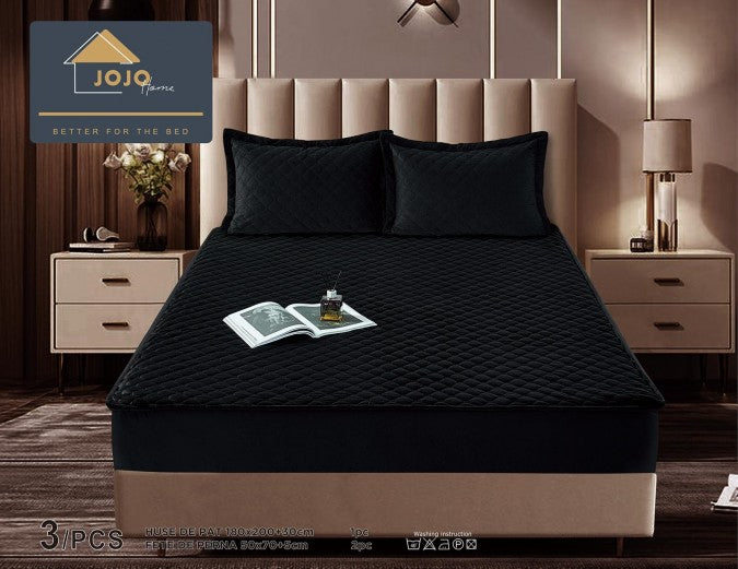 Husa matlasata tip topper din catifea, 180x200cm+2 fete de perna 50x70cm, Negru