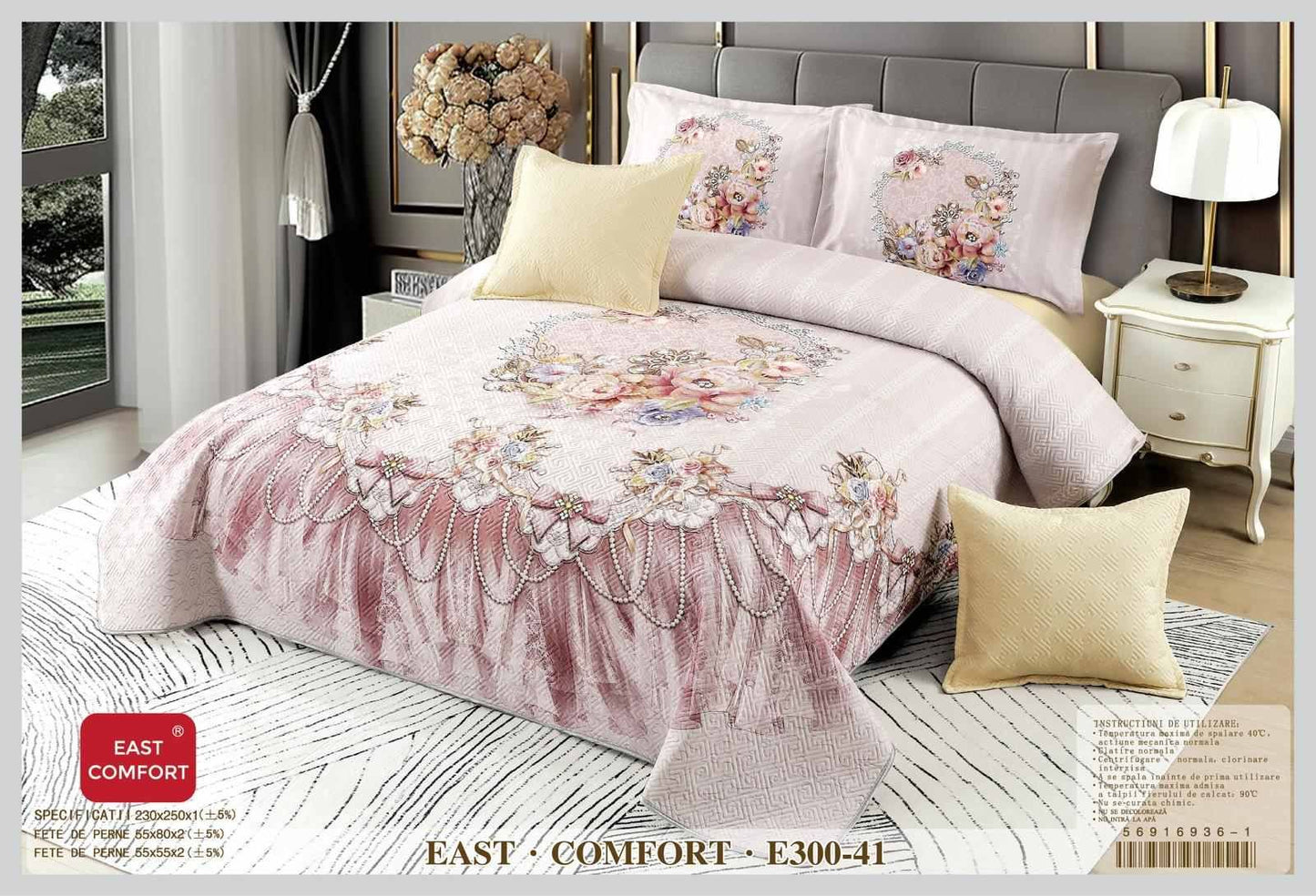 Cuvertura Matlasata din Catifea, 3D cu 5 Piese, Roz/Flori-D3462