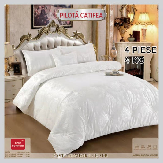 Pilota Premium din Catifea, 200x230, Umplutura din Puf Siliconic+3 Fete de Perna, Alb-D9352