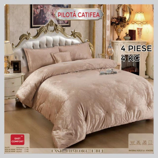 Pilota Premium din Catifea, 200x230, Umplutura din Puf Siliconic+3 Fete de Perna, Bej-D9354