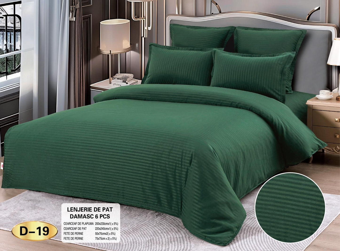Lenjerie Pat Dublu din Bumbac Damasc, 6 Piese, Verde-D9221