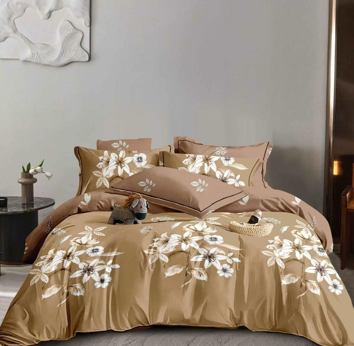 Lenjerie Pat Dublu din Finet, 6 Piese, Bej/Flori-D9894