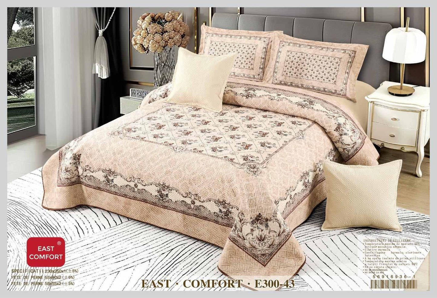 Cuvertura Matlasata din Catifea, 3D cu 5 Piese, Bej/Flori-D3463