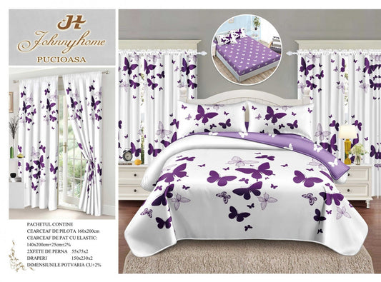 Lenjerie 1 Persoana cu Elastic, Finet, 4 Piese + 2 Draperii, Fluturi-H7796