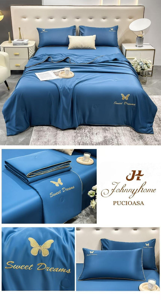 Lenjerie 3 Piese+Pilota Subtire, din Matase, Bleumarin-H6438