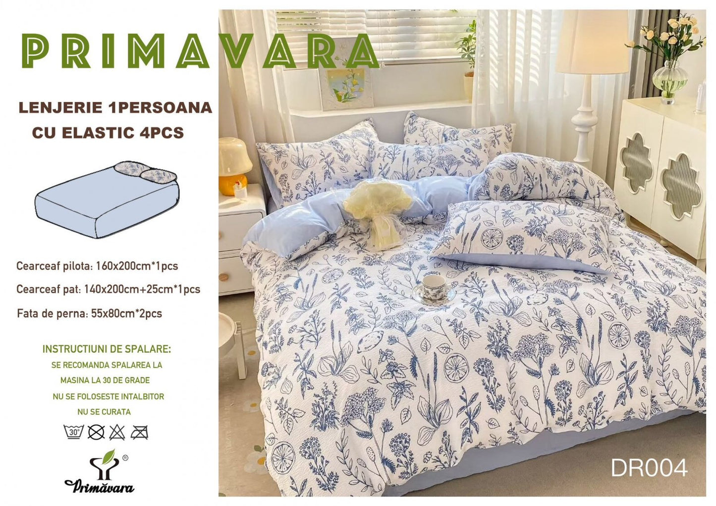 Lenjerie 4 Piese 1 Persoana, cu Elastic, din Bumbac Creponat, Bleu/Flori-P6668