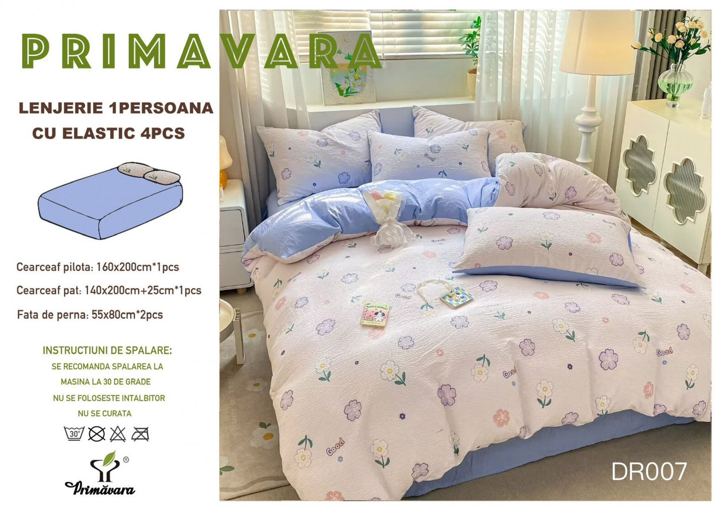 Lenjerie 4 Piese 1 Persoana, cu Elastic, din Bumbac Creponat, Bleu/Floricele-P6652