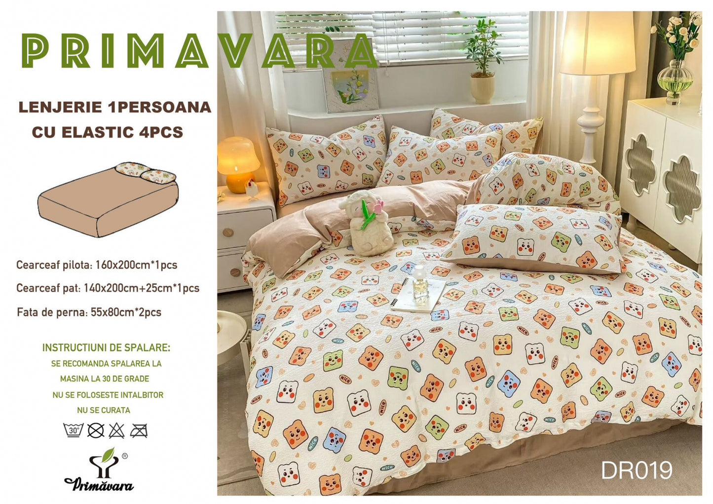 Lenjerie 4 Piese 1 Persoana, cu Elastic, din Bumbac Creponat, Bej/Ursuleti-P6660