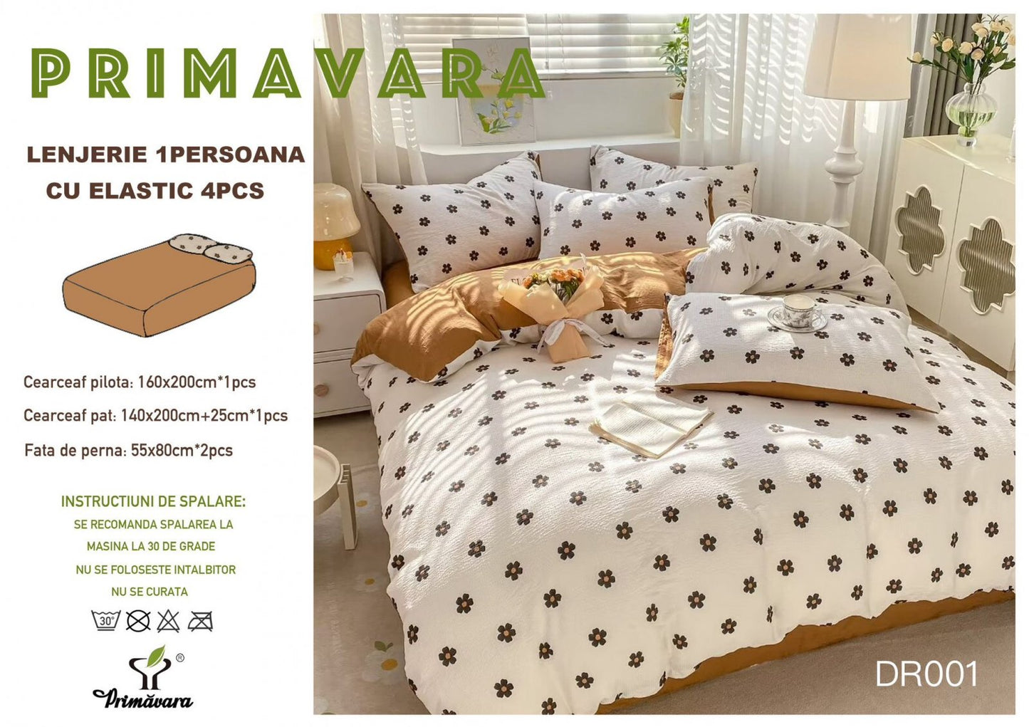 Lenjerie 4 Piese 1 Persoana, cu Elastic, din Bumbac Creponat, Maro/Floricele-P6655