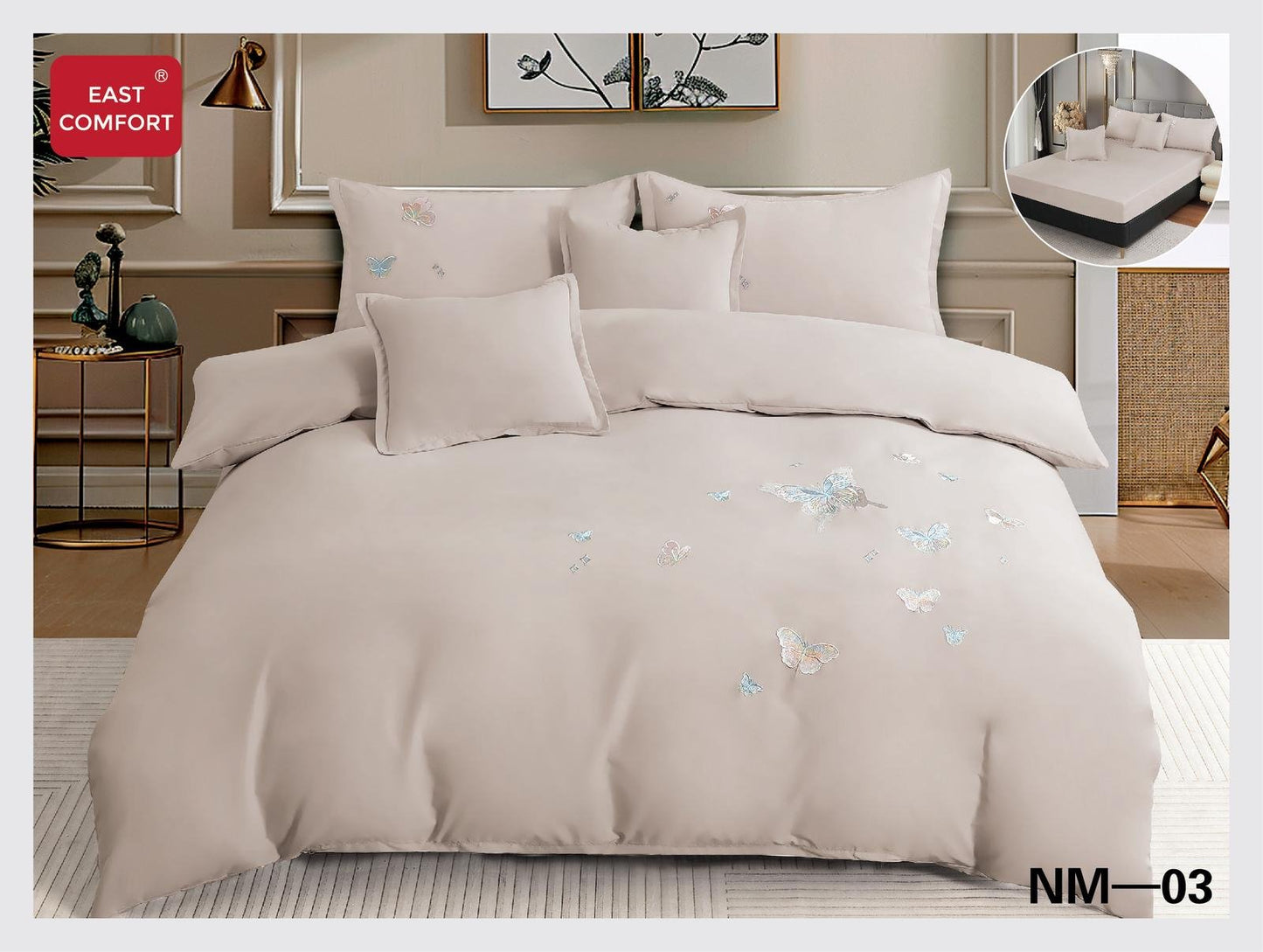 Lenjerie 6 Piese Din Bumbac Satinat Premium, cu Elastic si Fluturi Imprimati, Cabalin-D8095