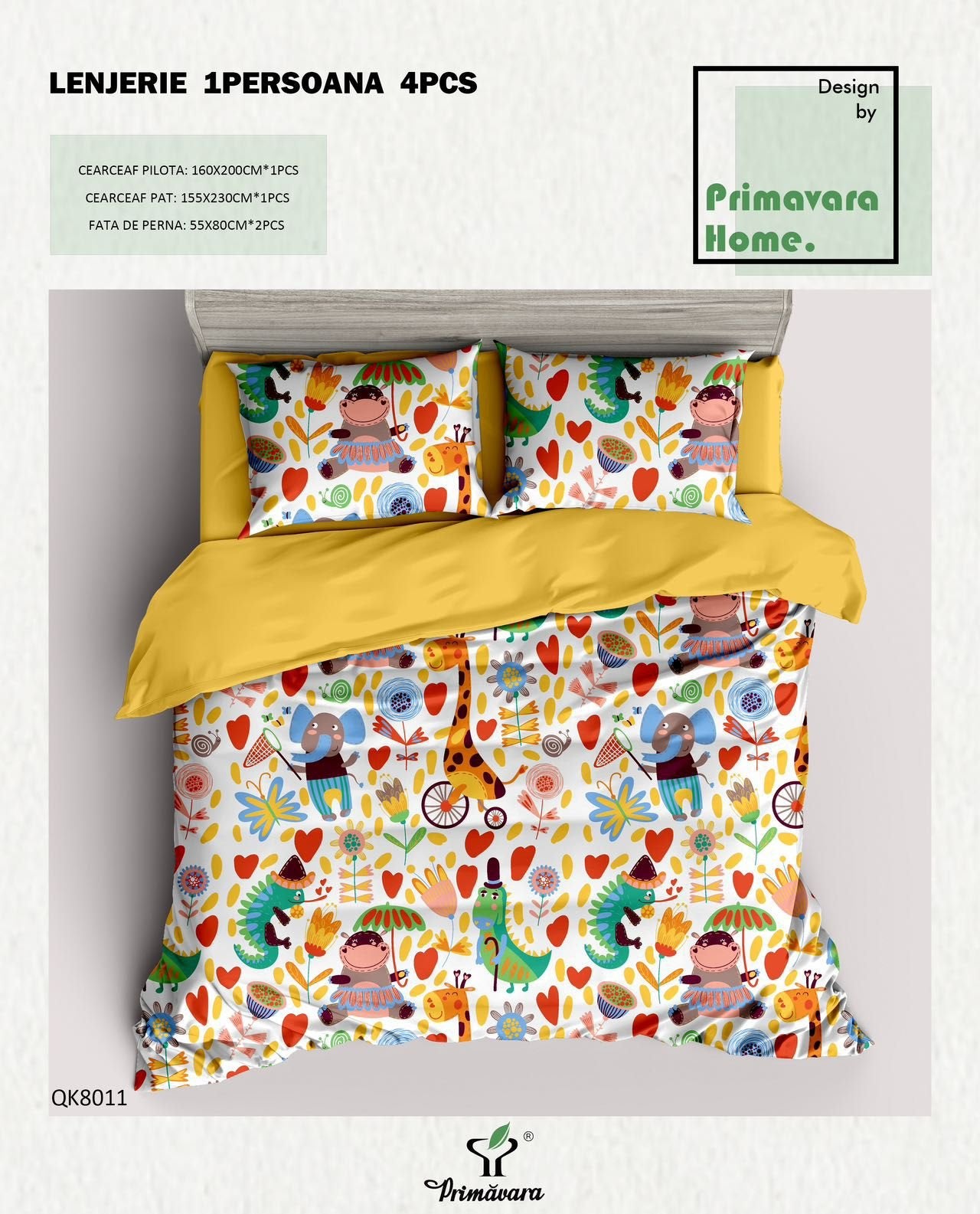 Lenjerie Bumbac 100%, 4 Piese, 1 Persoana, Animale Safari-P7459