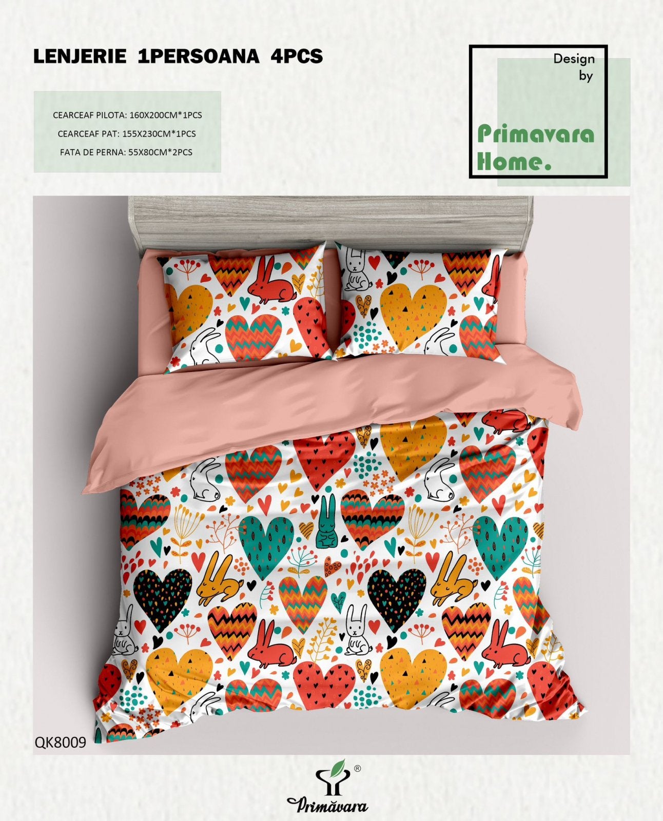 Lenjerie Bumbac 100%, 4 Piese, 1 Persoana, Inimioare/Iepurasi-P7457