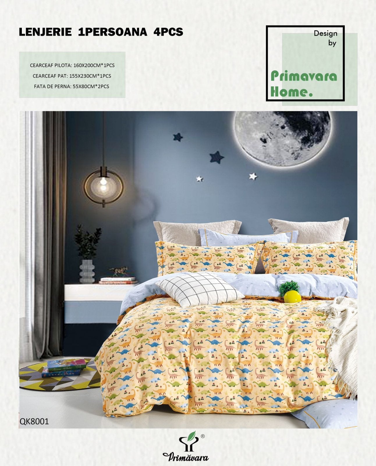 Lenjerie Bumbac 100%, 4 Piese, 1 Persoana, Dinozauri-P7458