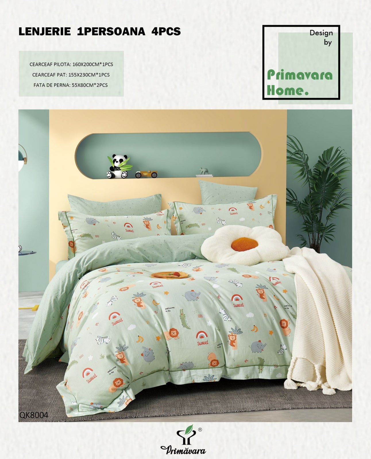 Lenjerie Bumbac 100%, 4 Piese, 1 Persoana, Animalute-P7463