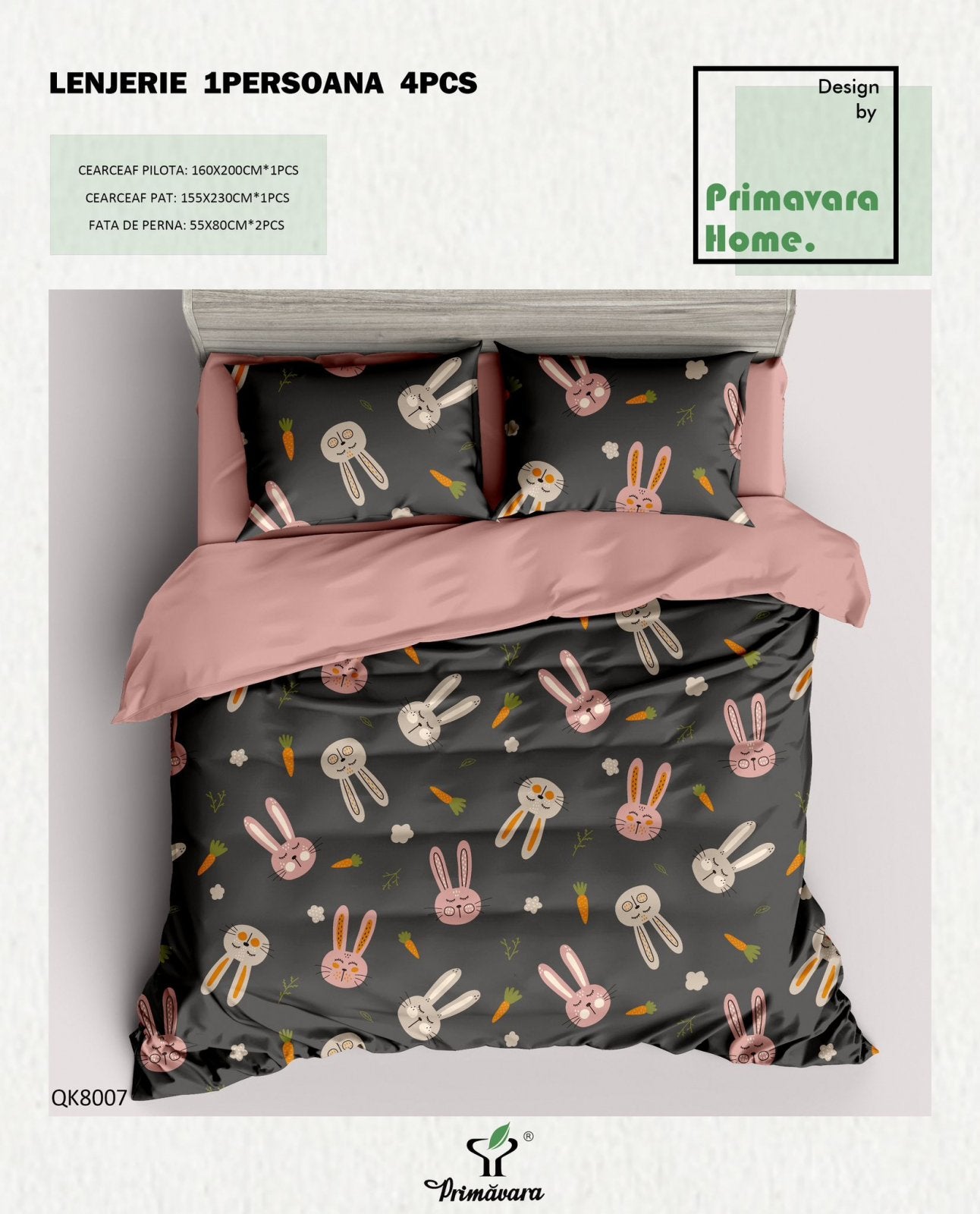 Lenjerie Bumbac 100%, 4 Piese, 1 Persoana, Iepurasi-P7464