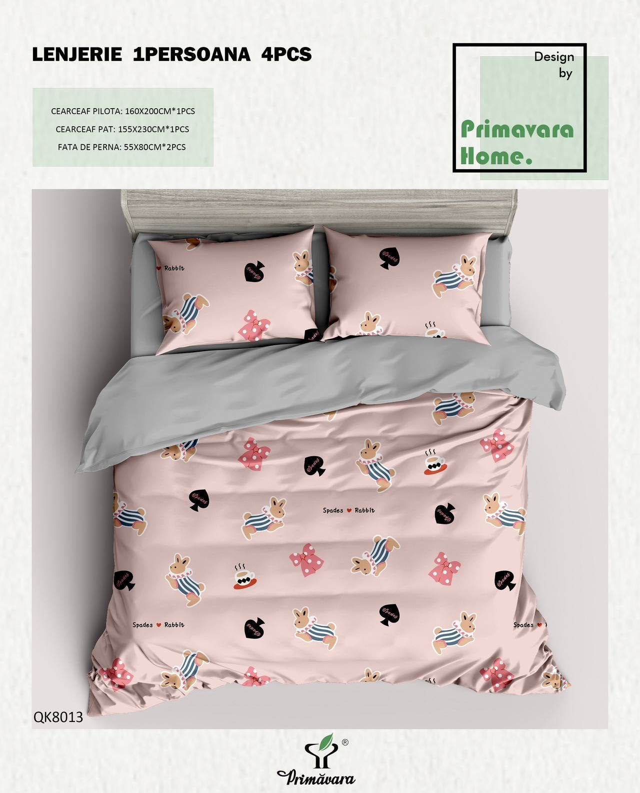 Lenjerie Bumbac 100%, 4 Piese, 1 Persoana, Iepurasi/Fundite-P7461