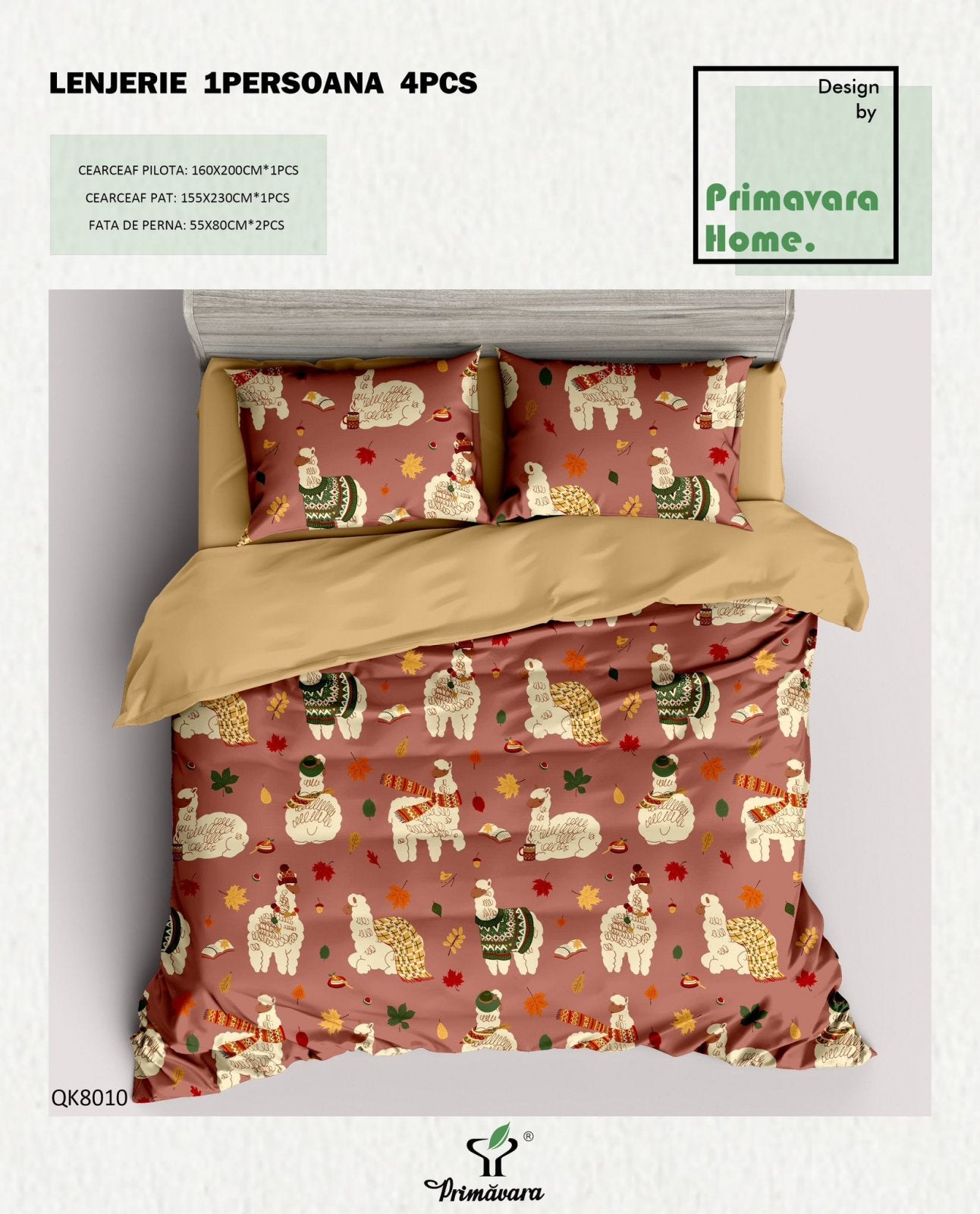 Lenjerie Bumbac 100%, 4 Piese, 1 Persoana, Animale Lame-P7467