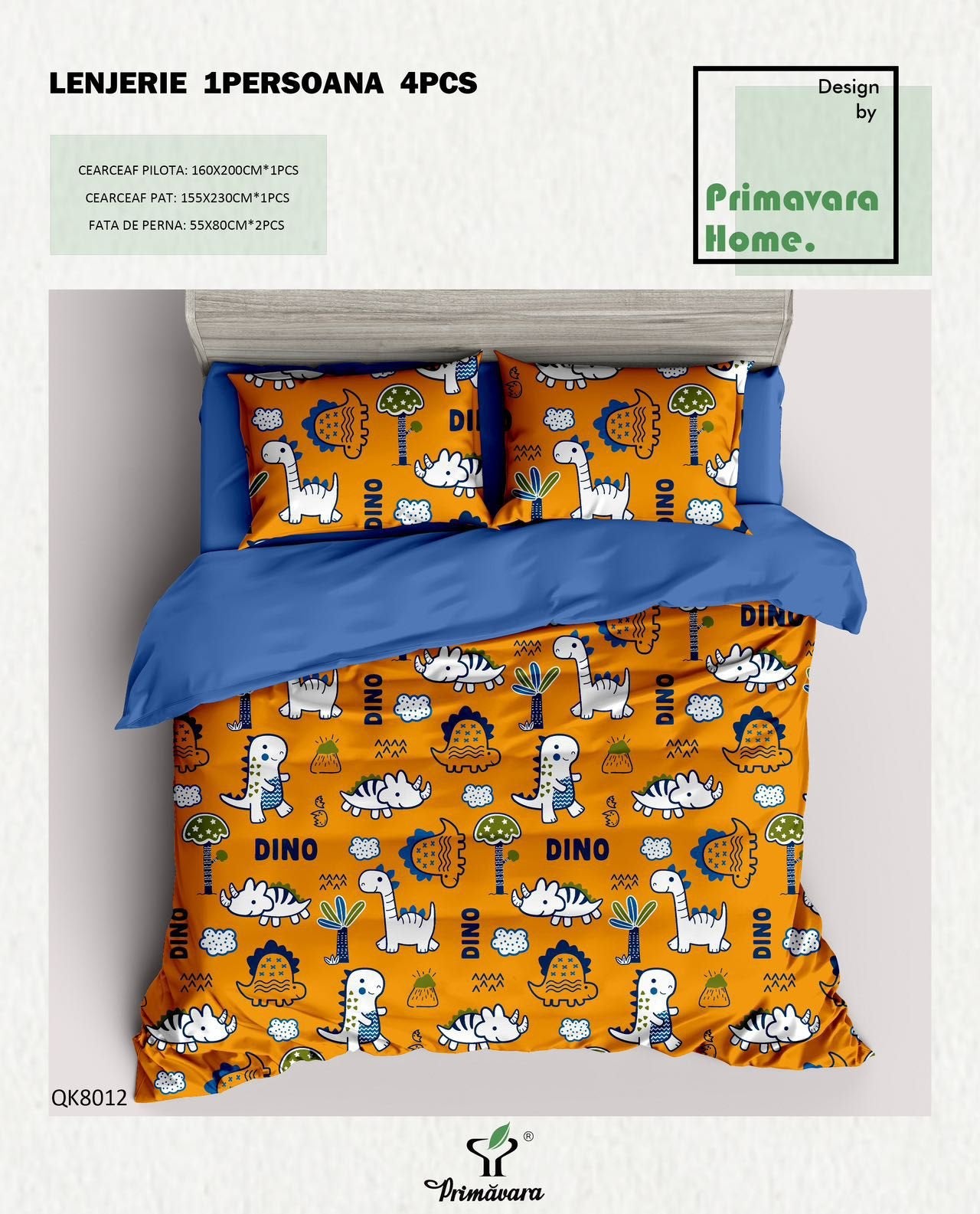 Lenjerie Bumbac 100%, 4 Piese, 1 Persoana, Dinozauri-P7465