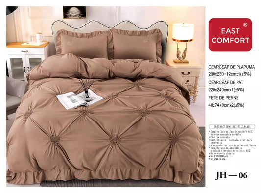 Lenjerie Bumbac Finetat Soft Touch, 4 Piese cu Inimi Brodate, Maro-D5421