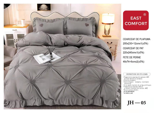 Lenjerie Bumbac Finetat Soft Touch, 4 Piese cu Inimi Brodate, Gri-D5422