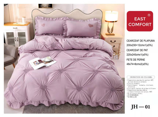 Lenjerie Bumbac Finetat Soft Touch, 4 Piese cu Inimi Brodate, Lila-D5419