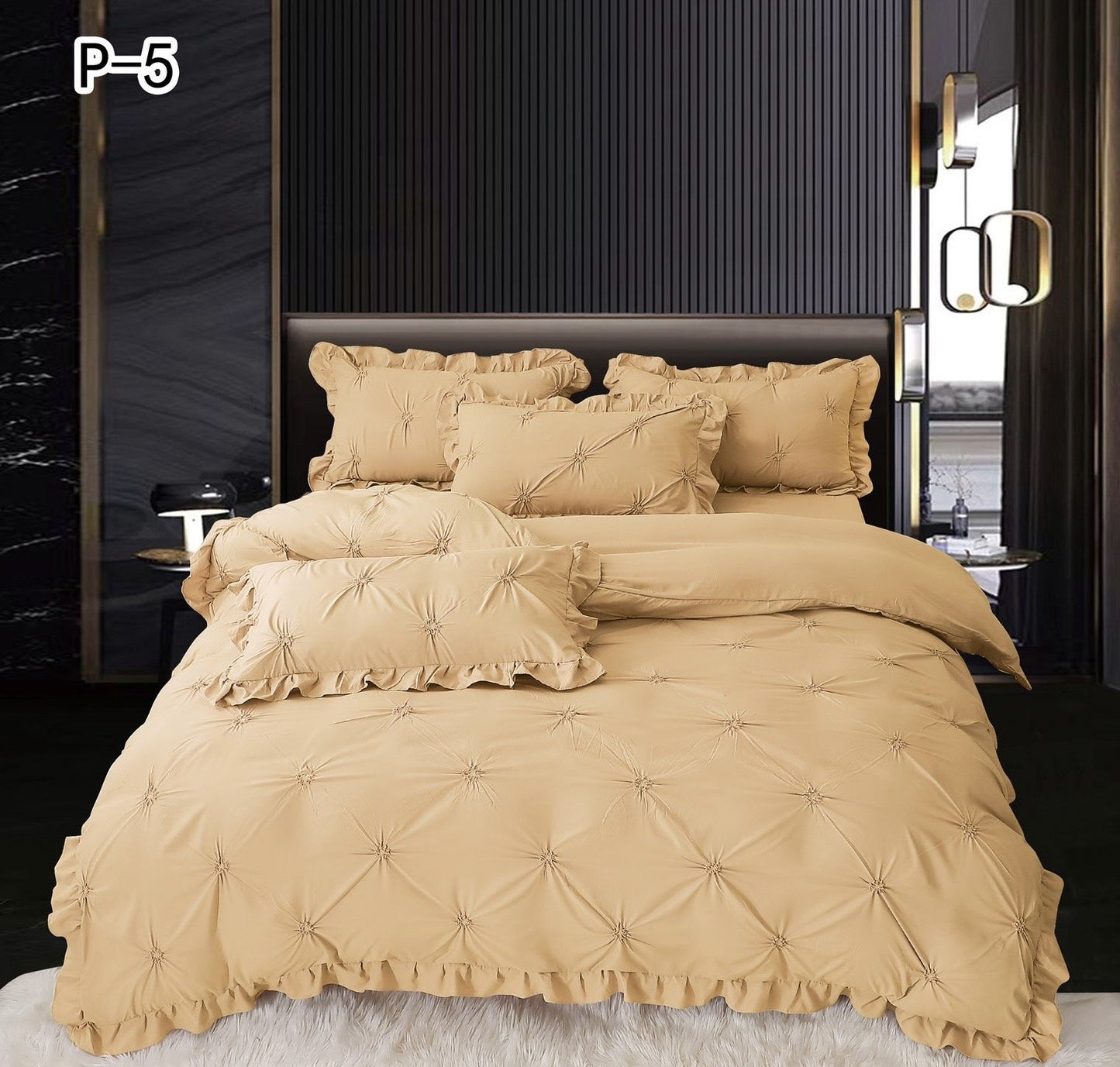 Lenjerie Bumbac 4 Piese cu Volanase si Pliuri Brodate, Galben Mustar-SEP5666