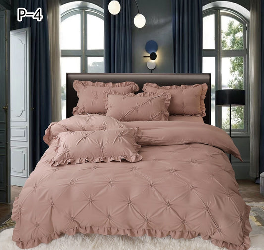 Lenjerie Bumbac 4 Piese cu Volanase si Pliuri Brodate, Bej-P5664