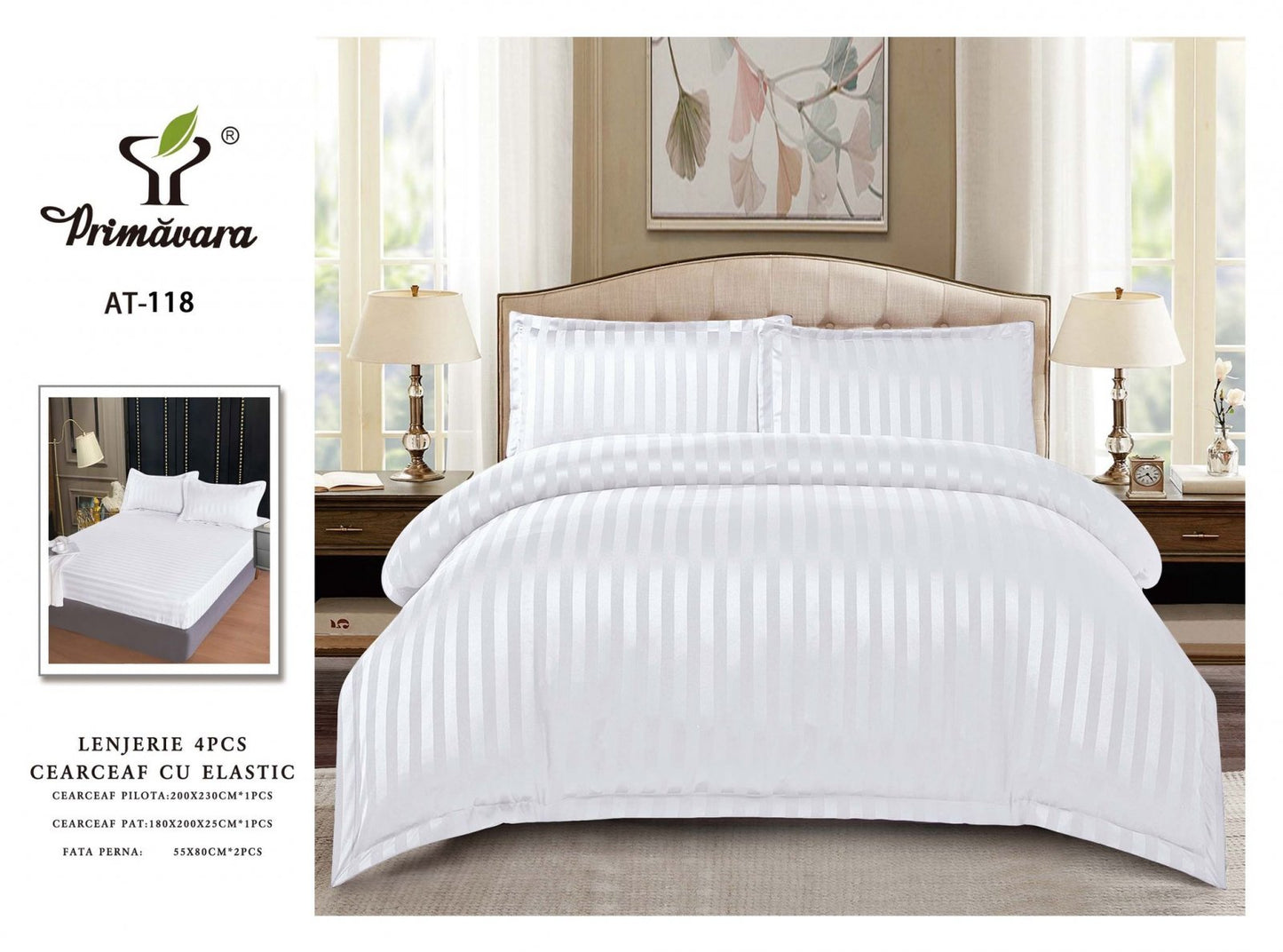 Lenjerie Bumbac Damasc 4 Piese cu Elastic, Alb, Uni-P5275