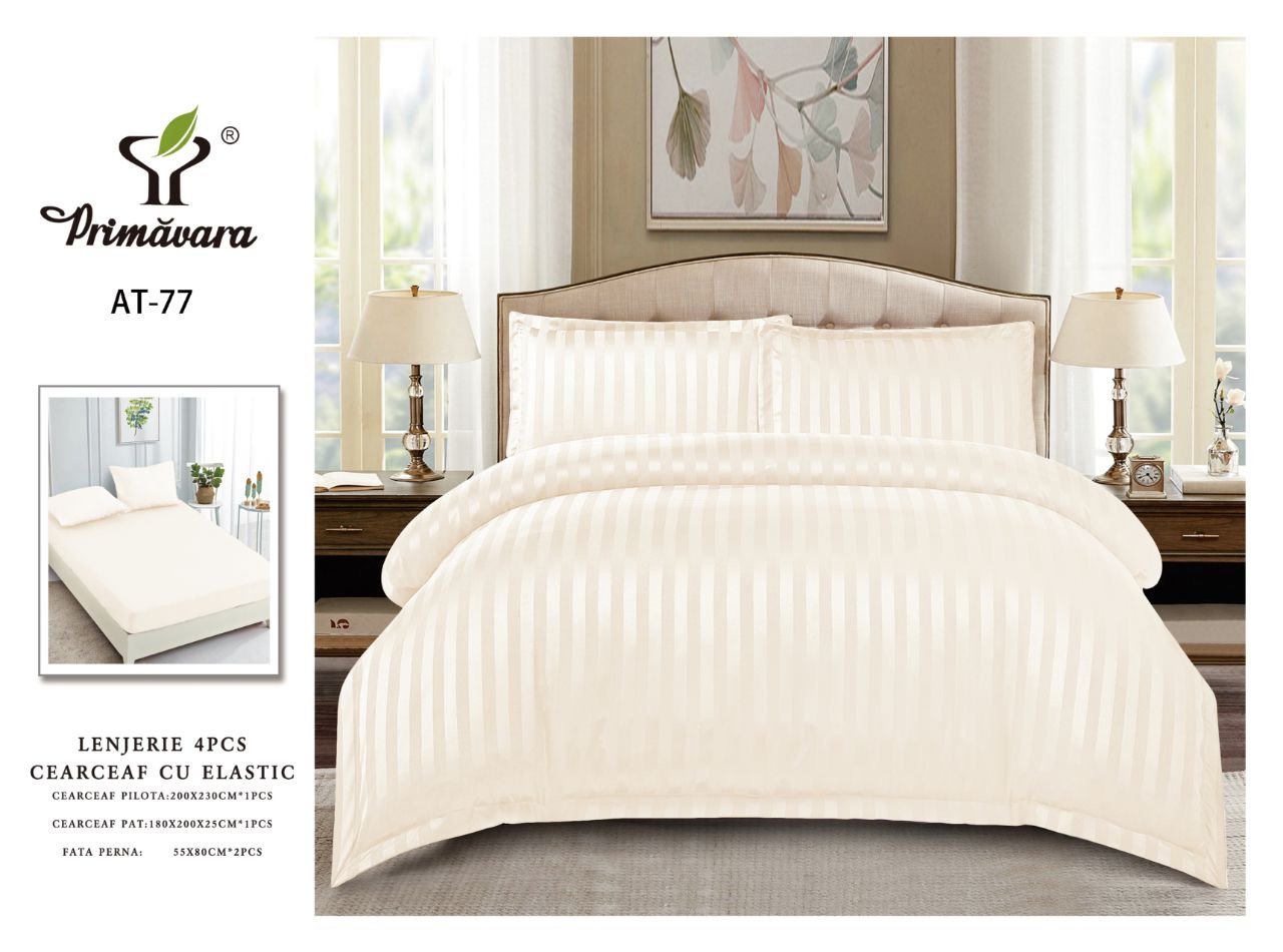 Lenjerie Bumbac Damasc 4 Piese cu Elastic, Crem, Uni-P5282