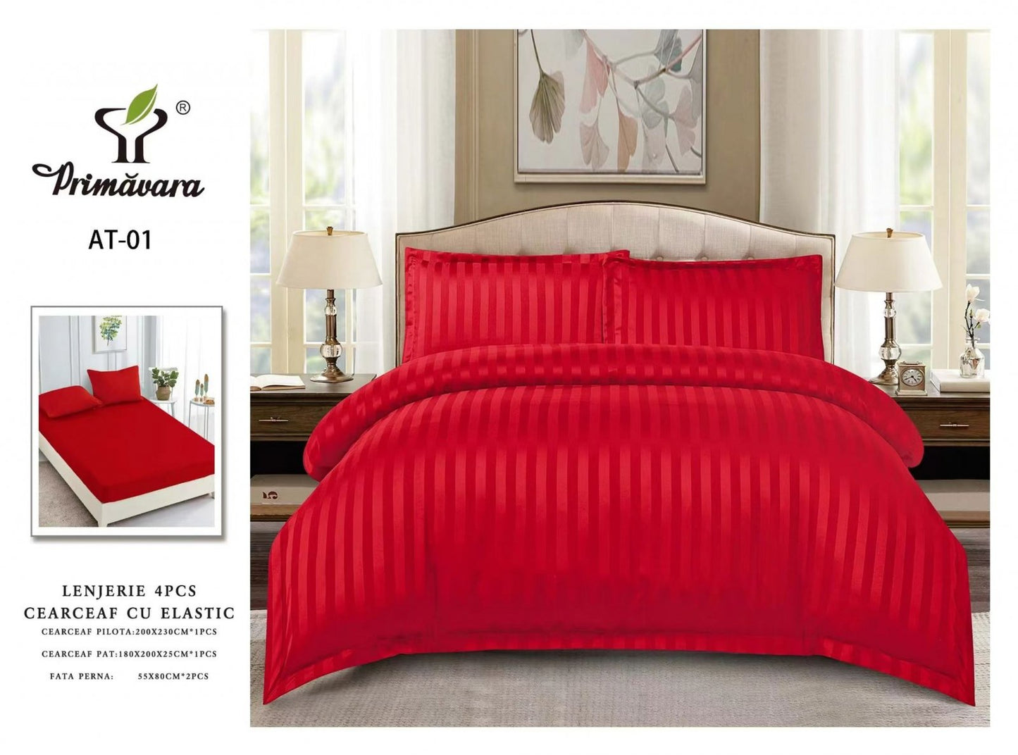 Lenjerie Bumbac Damasc 4 Piese cu Elastic, Rosu, Uni-P5276