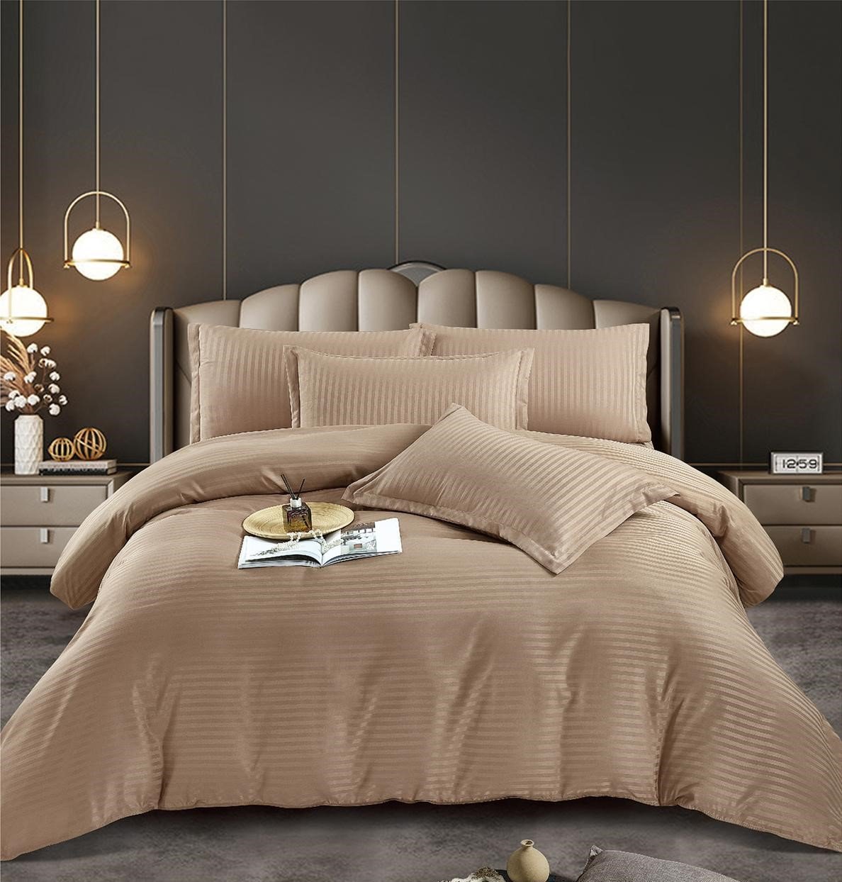 Lenjerie Bumbac Damasc Deluxe, 6 Piese, Bej-C5054