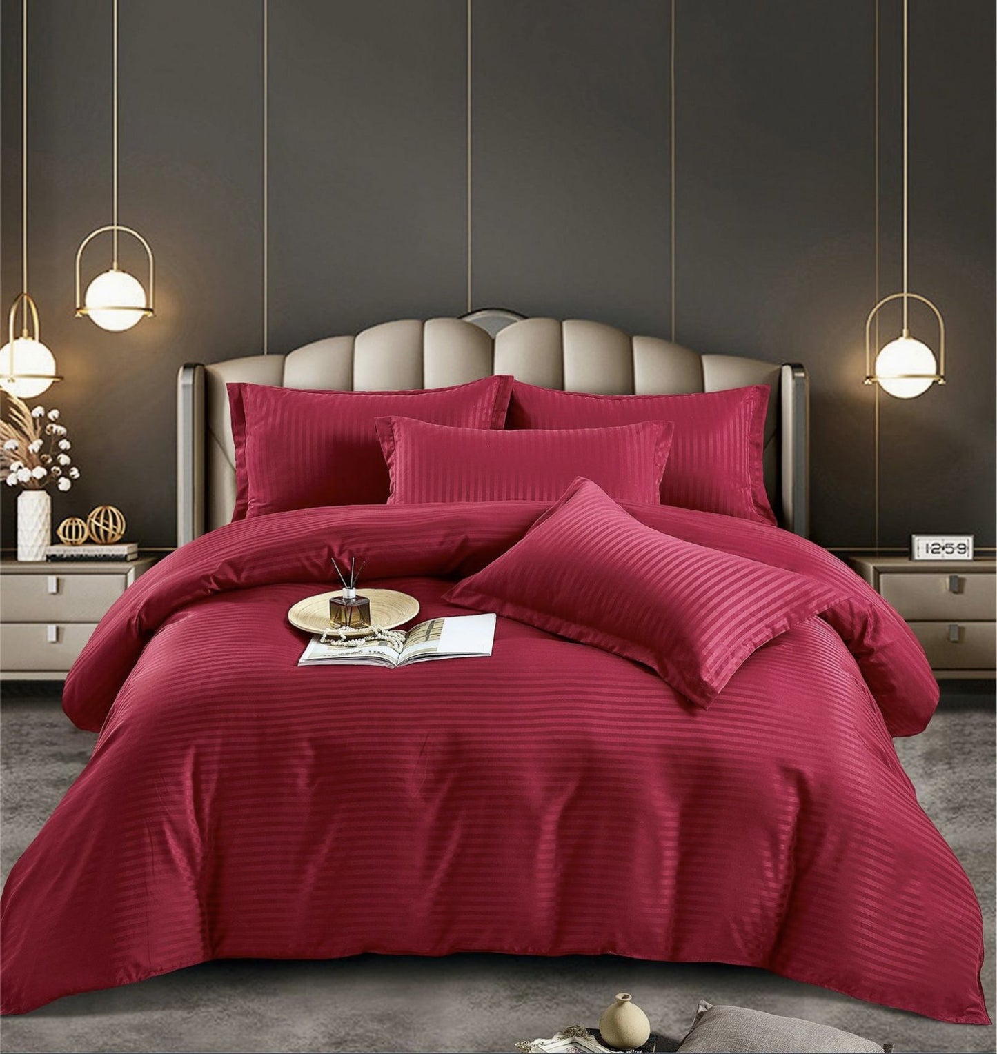 Lenjerie Bumbac Damasc Deluxe, 6 Piese cu Elastic, Grena-C5083