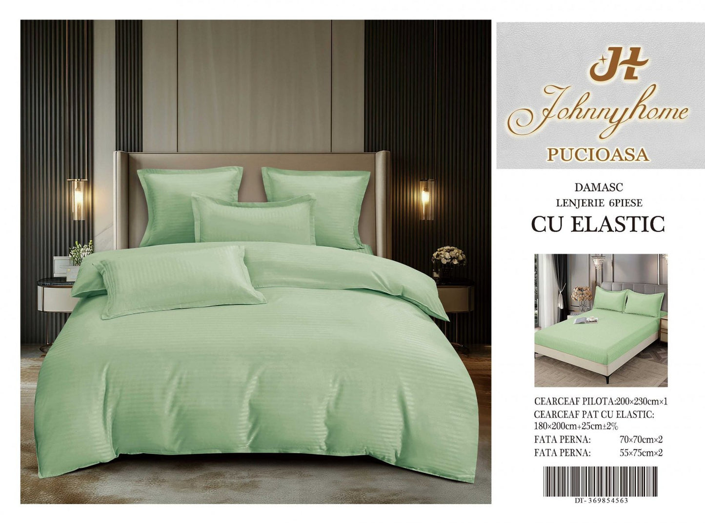 Lenjerie Bumbac Damasc 6 Piese cu Elastic, Verde Deschis-H8272
