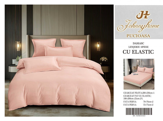 Lenjerie Bumbac Damasc 6 Piese cu Elastic, Corai-H8279